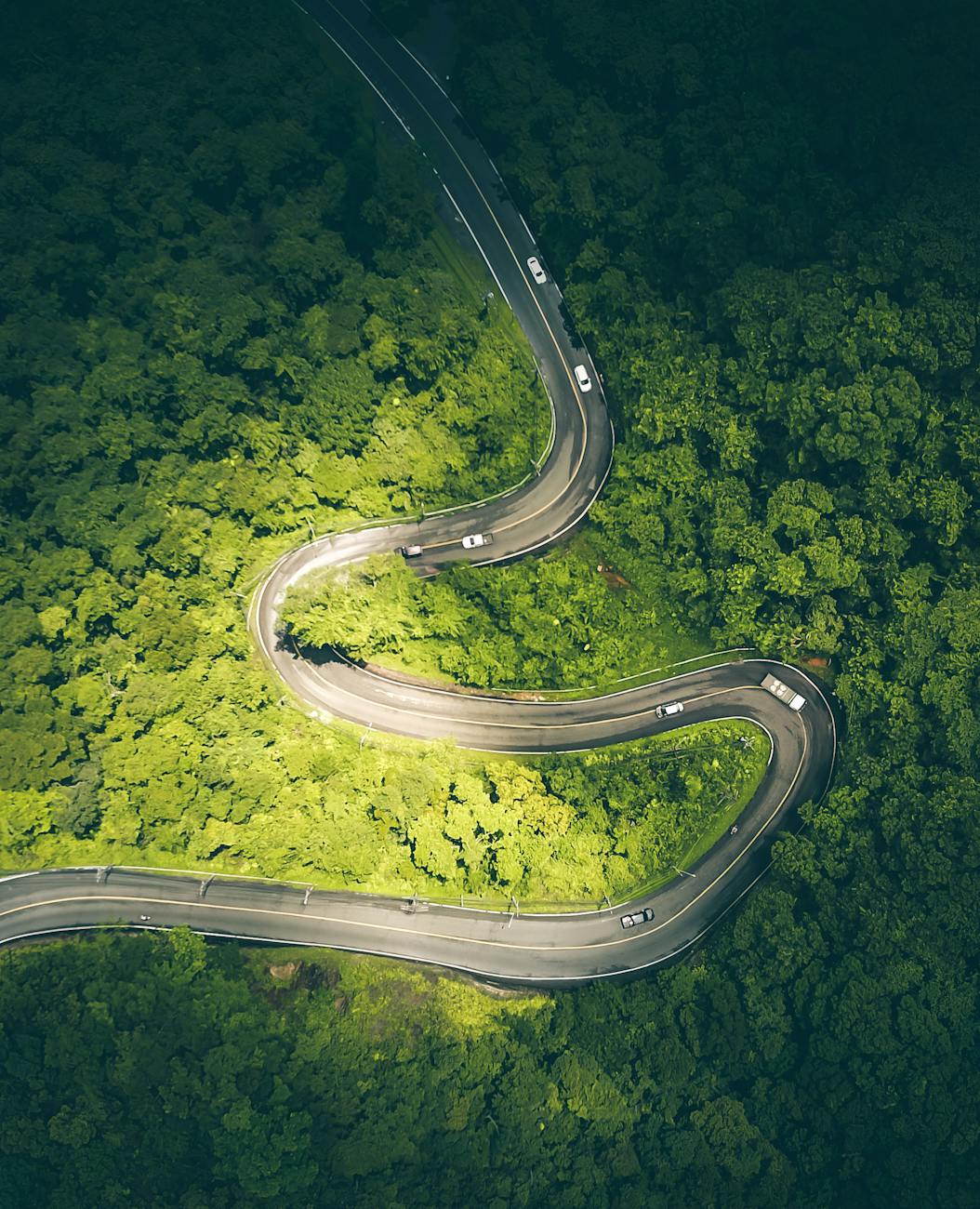 drone shot of a winding road