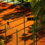 aerial view of outdoor basketball court in sunny setting